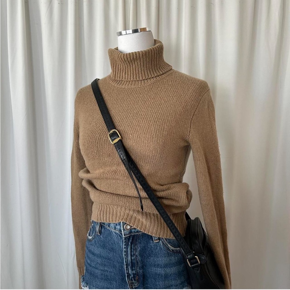 Vintage Cashmere Wool ribbed turtleneck sweater Tan Small. - Picture 5 of 8